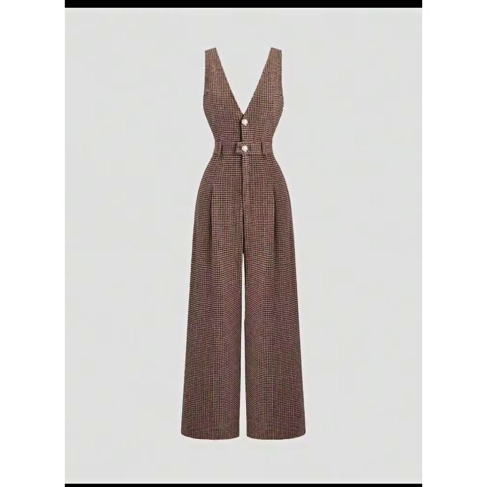Women's Brown Multicolor Houndstooth Sleeveless V-Neck Wide-Leg Jumpsuit 2XL
